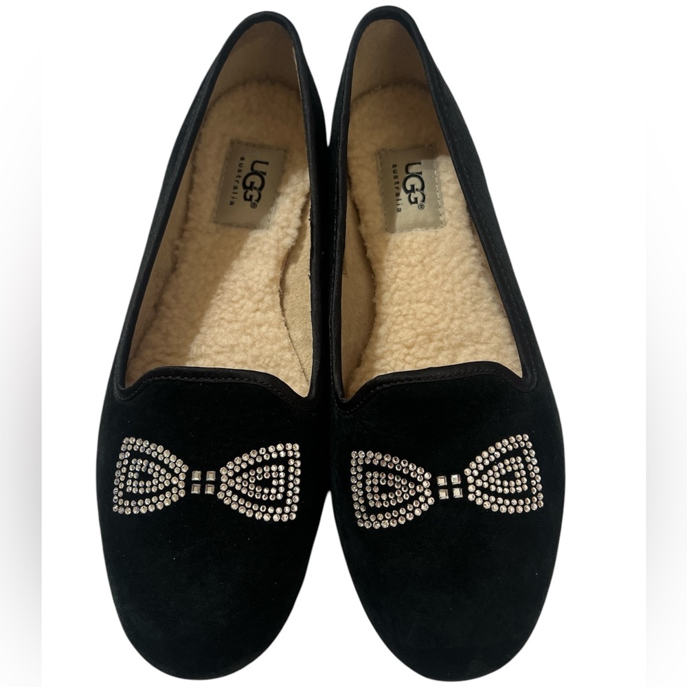 NWOT UGG Alloway Flats Shoes Crystal Bow Swarovski Crystal Black Sz 7.5